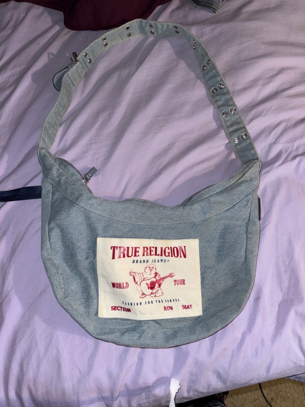 True Religion Light Blue Denim Shoulder Bag with Canvas Logo